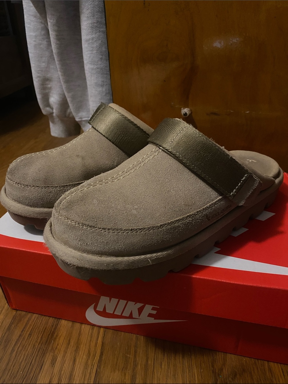 Koolaburra Taupe Suede Slip-On Clogs with Olive Strap